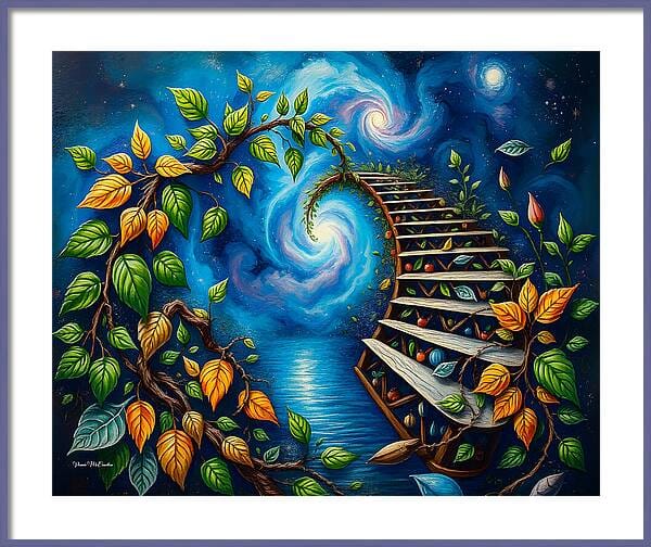 Semi-abstract artwork of a staircase in an ethereal scene by Pennie McCracken